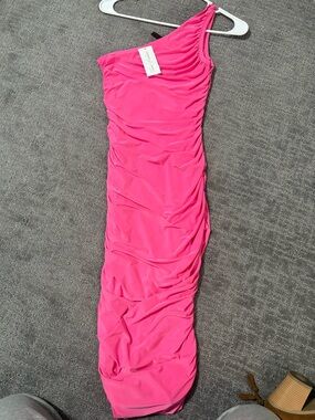 One-Shoulder Ruched Midi Dress - Hot Pink